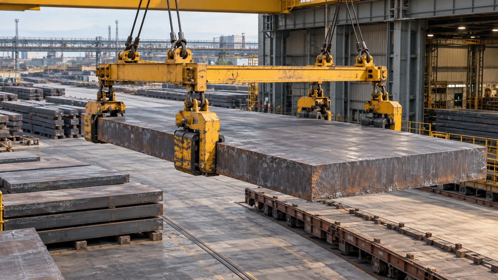 Crane handling steel slabs for shipment