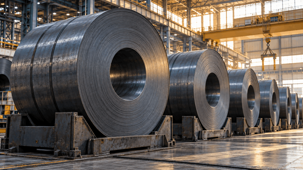Hot rolled steel coils stored in a mill warehouse