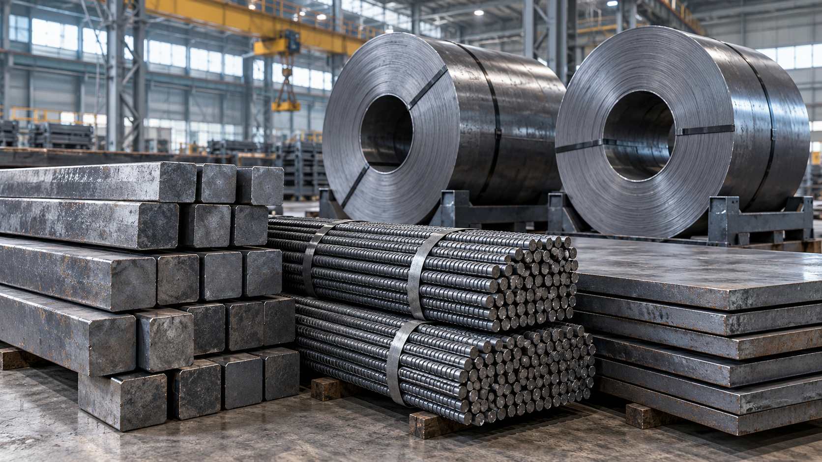 Steel billets, rebar, plates and coils arranged in a warehouse , Steel trade with Iran