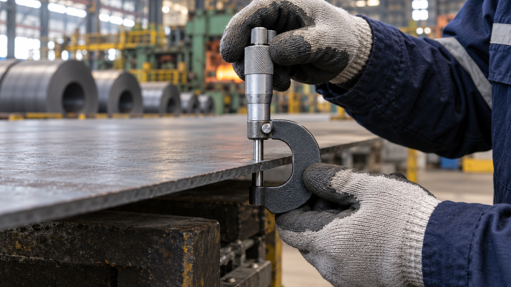 Measuring hot rolled steel sheet thickness with a micrometer