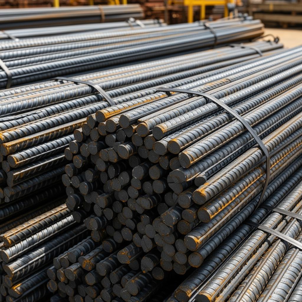Close-up of ribbed steel rebar showing surface details