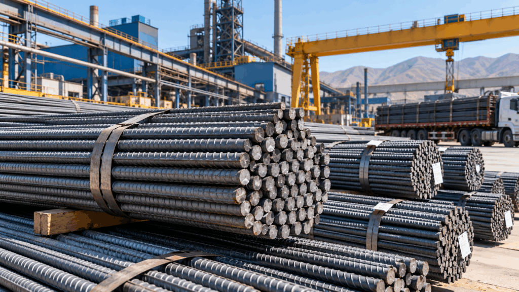 Steel rebar bundles in an industrial steel yard