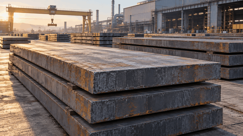 Steel slabs stacked in a mill yard