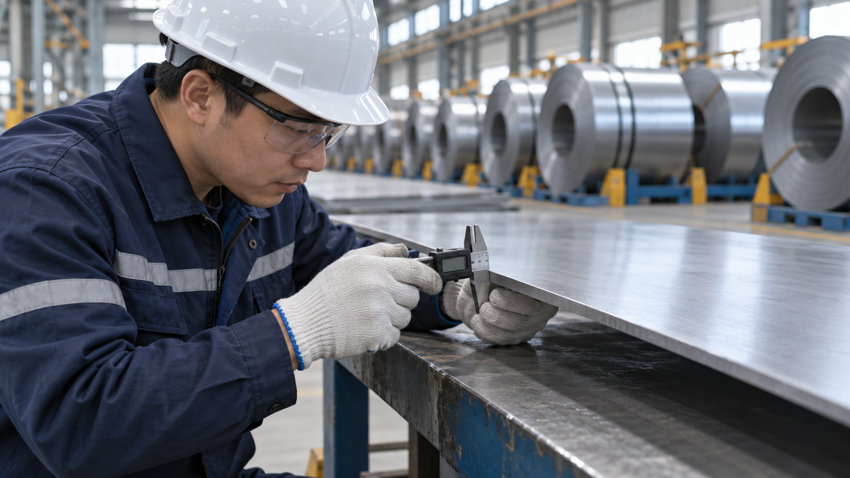 Quality inspector measuring steel sheet thickness with a digital caliper, Steel trade with Iran